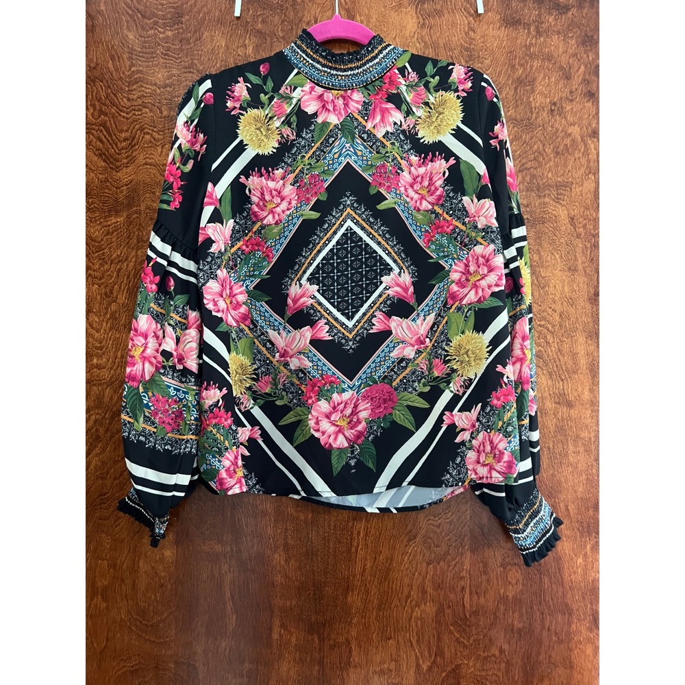 Jealous Tomato Blouse Women Large Black Floral Scarf Print Smocked Neck